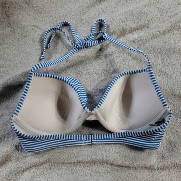 Blue White Striped Ruffle Halter Bikini Top Underwire Molded Cup Swimwear Womens - Picture 3 of 3